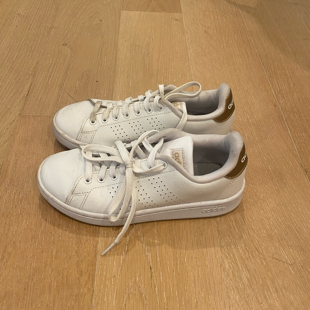 Adidas gold and white sneakers